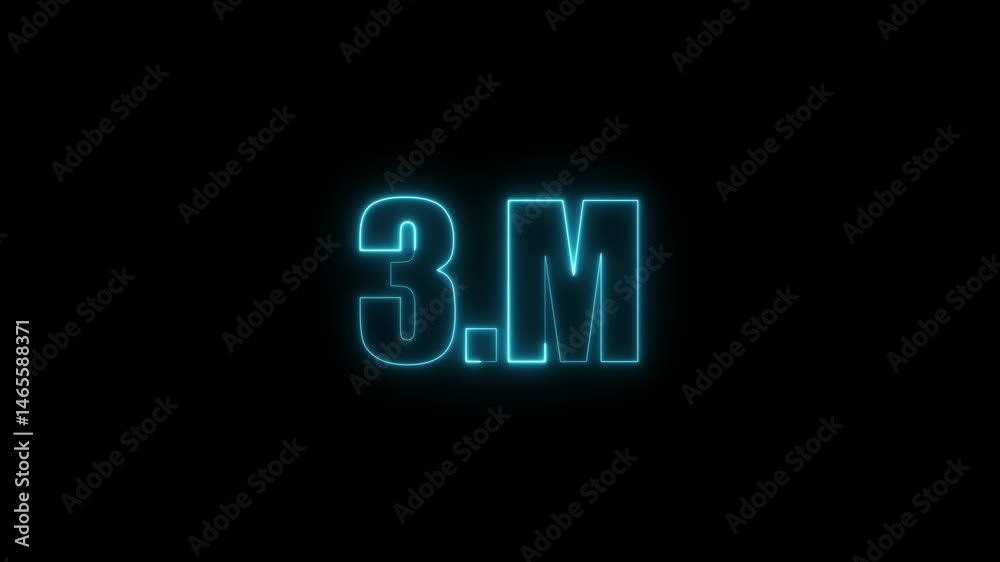3m three million neon glowing cyan color text animation. Neon 4M text animation on black background.