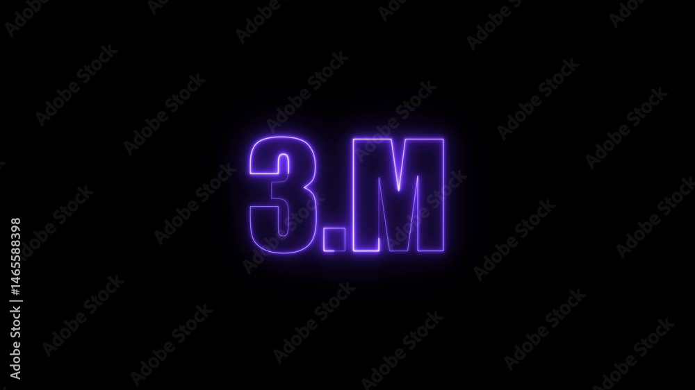 3m three million neon glowing purple color text animation. Neon 4M text animation on black background.