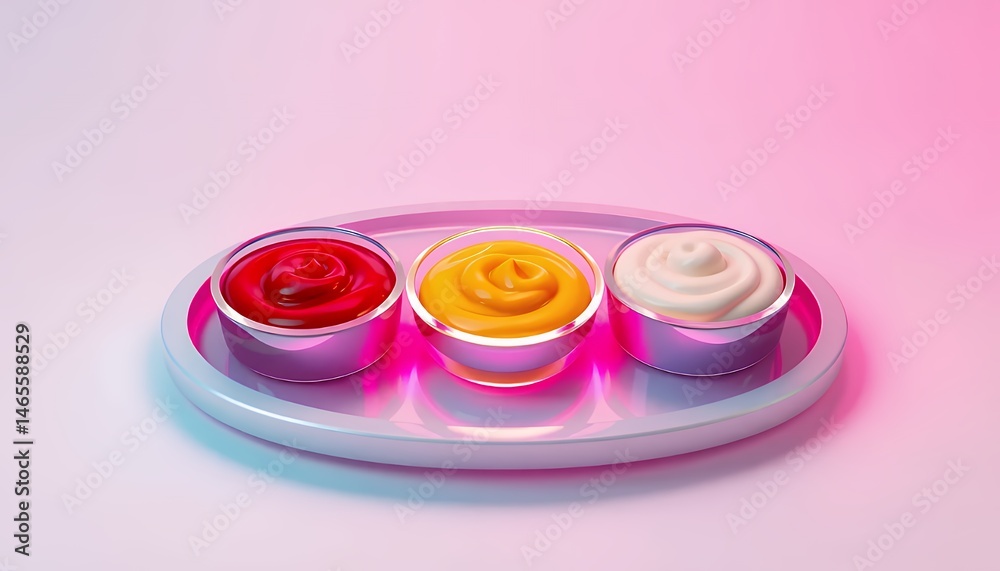 Three Sauces in Bowls on a Gray Tray Red Yellow and White Light Food Photography for Decoration and Culinary Blogs Three Sauces in Bowls on a Gray Tray Red Yellow and White Light Food Photography for Decoration and Culinary Blogs