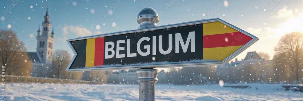 on the pole there is a direction arrow with the inscription Belgium
against the background of a picturesque winter landscape