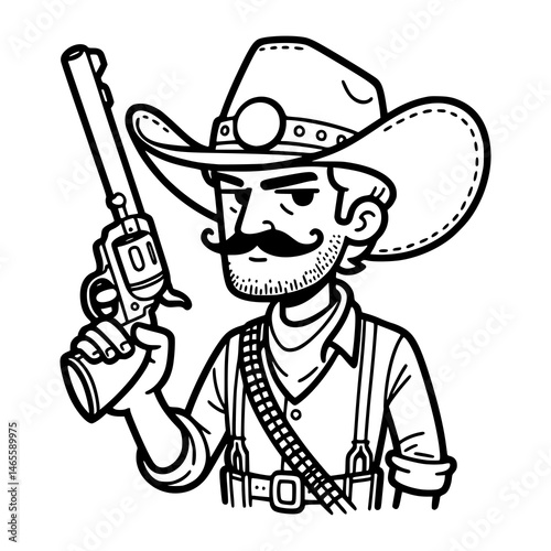 A cowboy with a gun in hand ready for action, with hat and beard