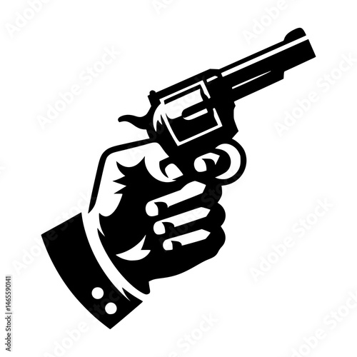 A hand holding a revolver, a symbol of danger and power. The hand is in a firm grip, with the gun pointed directly at the viewer.