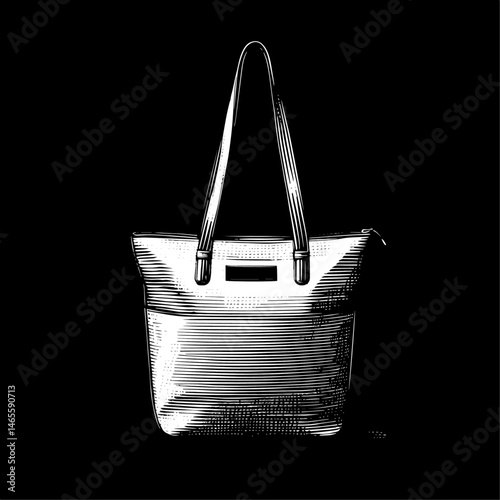 Textured Tote Bag with Label in Woodcut Style, Black and White, Vintage Accessory Illustration against Dark Background