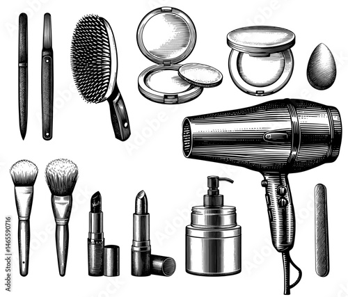 Assorted Beauty and Hair Care Products in Woodcut Style, Black and White, Representing Cosmetics and Grooming