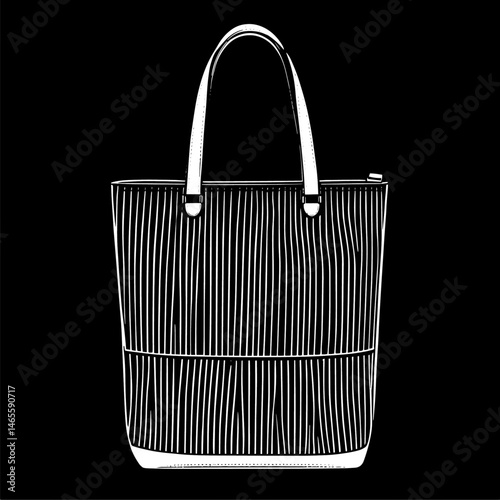 Striped Tote Bag in Woodcut Style in Black and White for Fashion Illustration