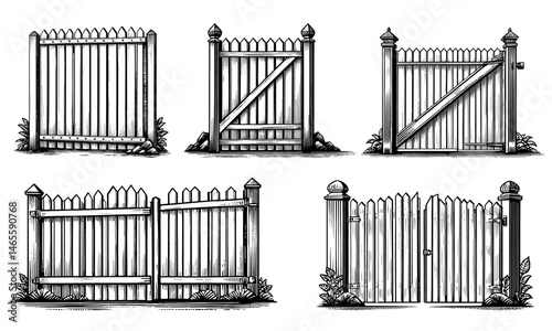 Wooden Gates and Fences in Vintage Woodcut Illustration Style, Black and White