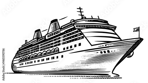 Cruise Ship in Woodcut Style in Black and White for Maritime Adventure