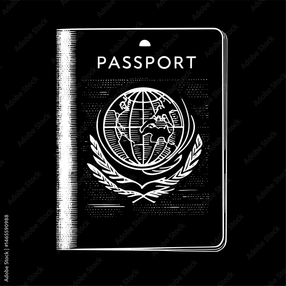 Fototapeta premium Passport in Woodcut Illustration Style with Globe and Laurel, Black and White, Representing International Travel Identity against Black Background.