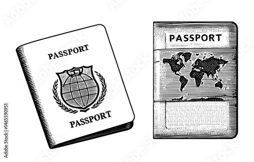 Passports Illustration in Black and White Style, Representing International Travel and Citizenship.