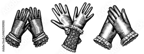 Vintage Women's Gloves Woodblock Print Style Black and White Representing Elegance and Historical Fashion