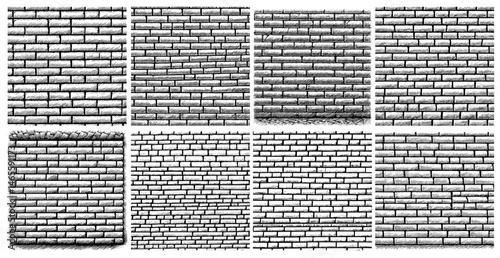 Brick Wall Patterns in Etched Woodcut Style, Black and White, Masonry Variations and Texture Examples