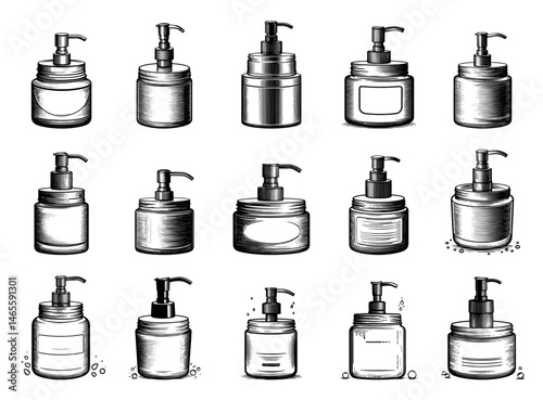 Pump Bottles in Vintage Engraved Style, Black Ink on White, Representing Assorted Dispensers for Soap or Lotion