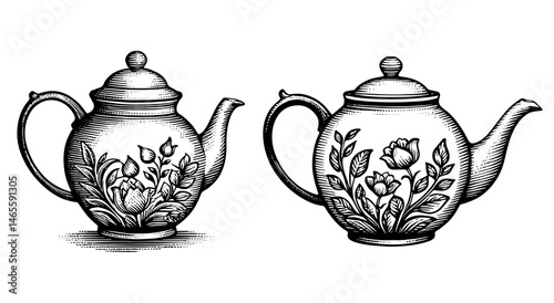 Ornate Teapots in Woodcut Style, Black and White,  Antique Tableware