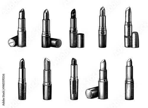 Lipsticks in Woodblock Illustration Style, Black and White, Representing Beauty Products Collection