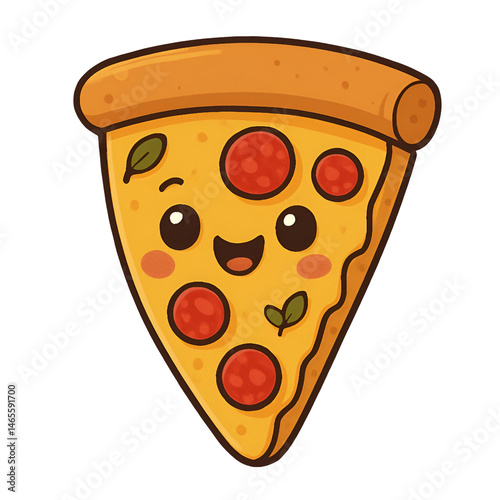 A cute cartoon slice of pizza with a cheerful face, pepperoni, and basil leaves. Ideal for food-related designs and children's content. Vector illustration.