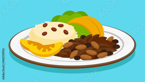 A staple dish in Nicaraguan households gallo pinto consists of savory rice and beans often served with a side of sweet plantains.. Vector illustration
