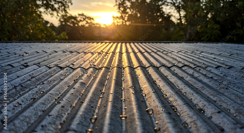 Obraz premium Metallic Roof Shines After Rain at Sunset with Trees in Background