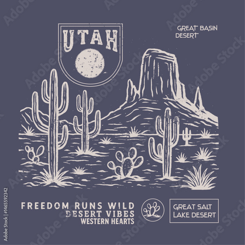 Utah western Spirit. desert cactus mountain graphics. Vintage Desert t-shirt design. girls  boys men's women's graphic design.  desert cowgirl and cowboy cap head. slogan text prints.