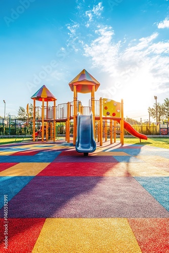 vertical image joyful outdoor playground with multicolored installations, inviting children to play and socialize in sunny weather