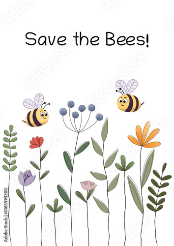 Save the Bees - Schriftzug in englischer Sprache - Poster mit niedlichen Bienen über einer bunten Blumenwiese.