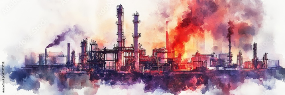 Obraz premium Industrial Watercolor Landscape: Pollution and Progress - A watercolor painting depicting an industrial complex, symbolizing industry, pollution, progress, environmental impact, and energy production
