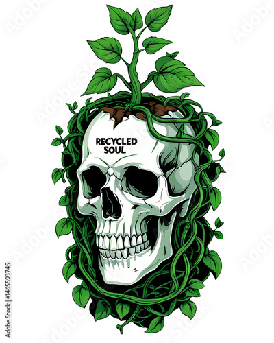 Skull with a plant growing from its head, vines wrapping around jaw, 'Recycled Soul' eco-punk sticker