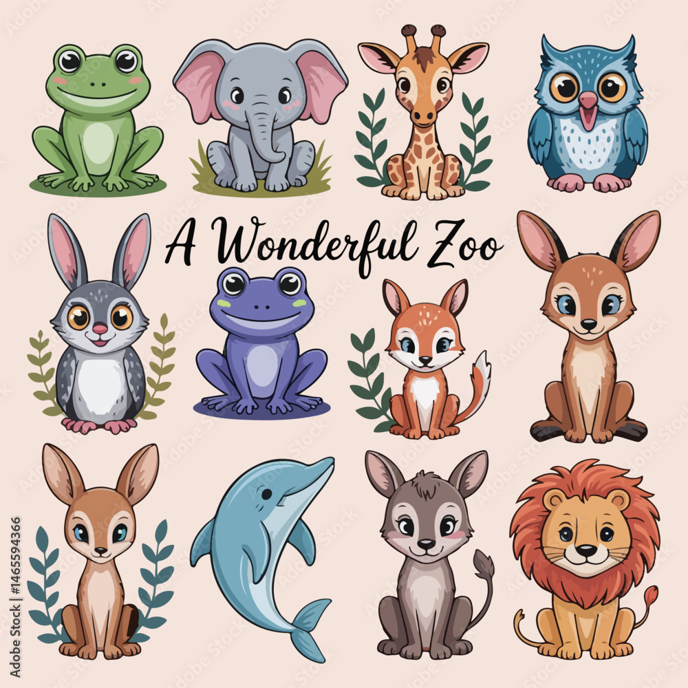 Fototapeta premium Cute Cartoon Jungle and Forest Animals Collection – Vector Clipart Set