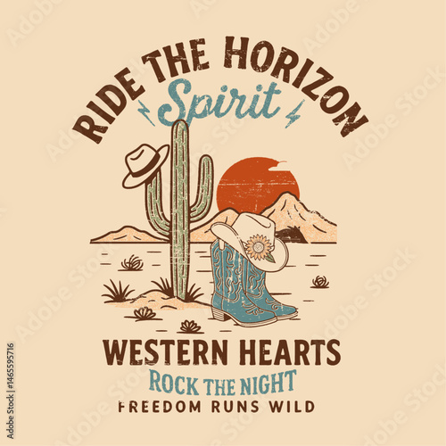 western hearts, ride the horizon slogan text prints. desert cowgirl and cowboy cap head. desert cactus mountain graphics. desert t-shirt design. girls  boys men's women's graphic design