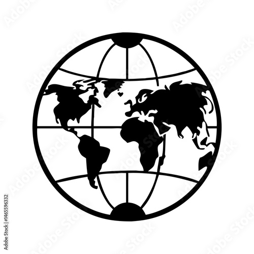 Stylized black and white world globe illustration with continental land masses