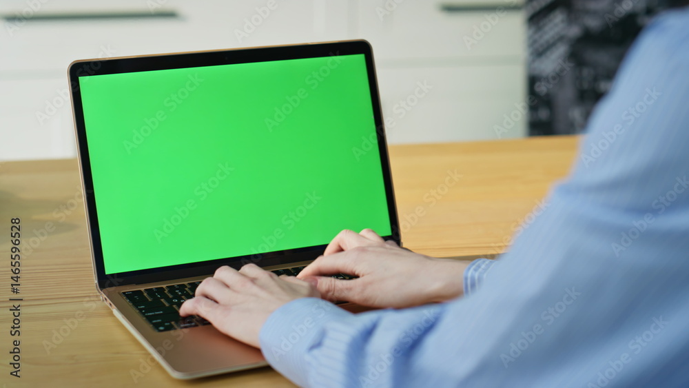 Hands typing mockup laptop developing project at home closeup. Woman working