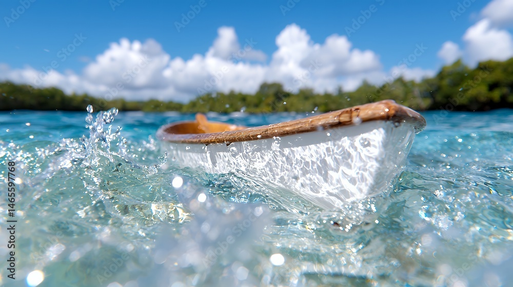 Fototapeta premium Small Boat Floating in Clear Water with Splashing Waves Under Blue Sky