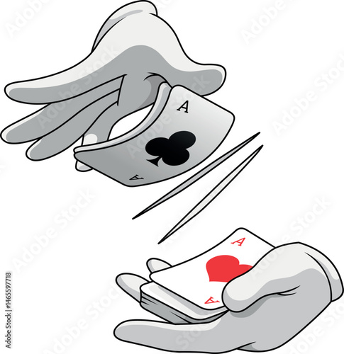 Vector illustration of gloved hands shuffling poker cards. Elegant and dynamic style, perfect for casino branding or card games.