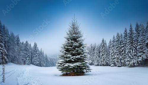 real live christmas tree outdoors with snowy forest nature landscape background beautiful simple winter holiday snow scenes