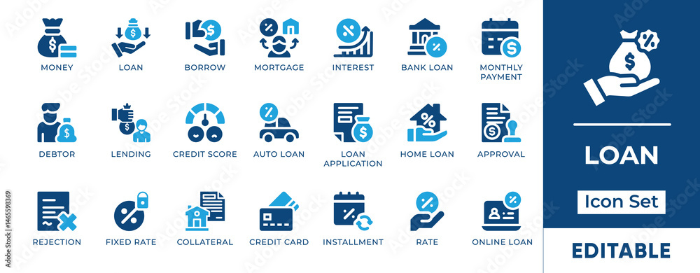 Loan Icon Set. Features editable icons of mortgage, credit score, lending, interest rate, borrowing, EMI, and finance. Ideal for banking and fintech designs