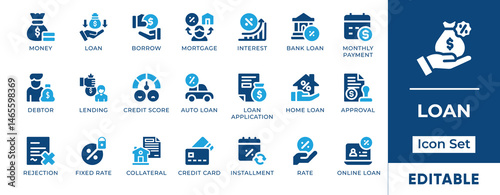 Loan Icon Set. Features editable icons of mortgage, credit score, lending, interest rate, borrowing, EMI, and finance. Ideal for banking and fintech designs