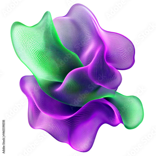 Flowing purple and green net form, modern graphic element, cut out transparent