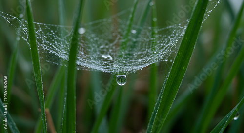 Dew Laden Spiderweb Among Blades Of Green Grass In Early Morning
