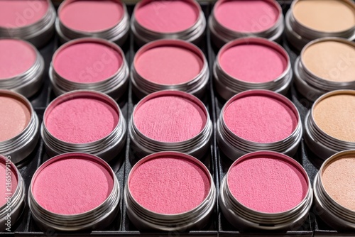 Rows of pink and beige blush in silver containers, neatly arranged in a makeup palette.