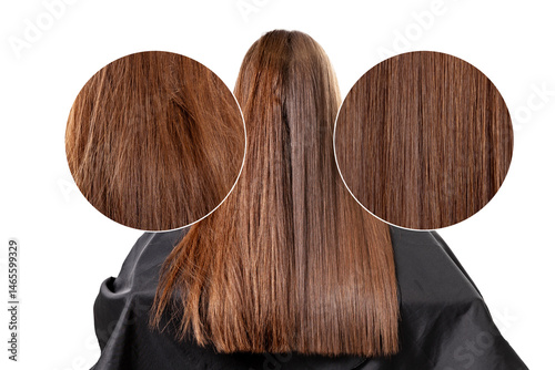 Before and after salon keratin treatment haircare banner. Restoring hair texture after damage from sun exposure and sulfate shampoo photo