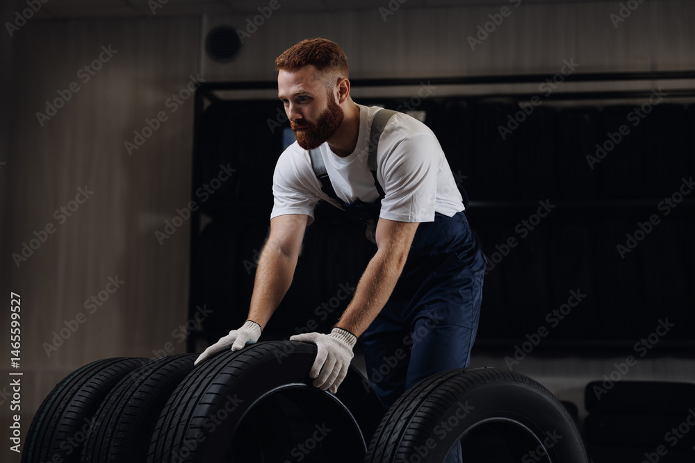 Adult man in uniform rolls tire on black background