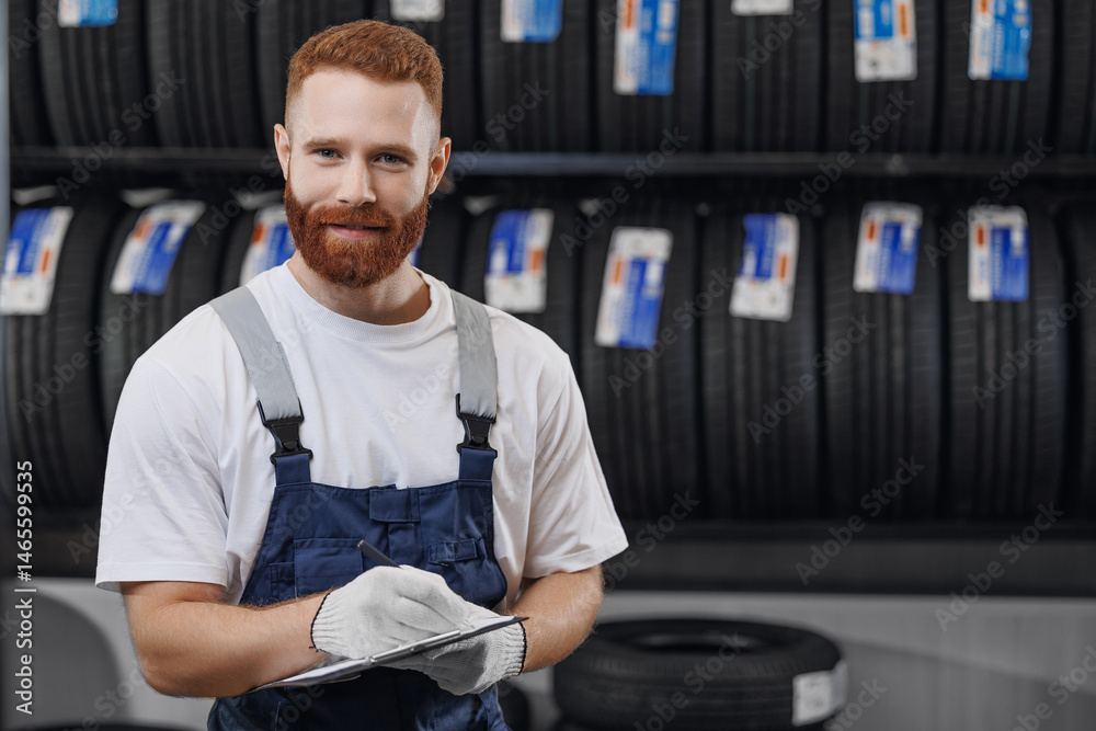 Car tire service concept. Portrait man mechanic salesman holding tablet on new tyre store background