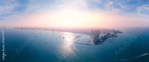 Obraz na płótnie Panorama city Pattaya, sunrise on beach promenade Walking street. Aerial view landscape Thailand w salonie