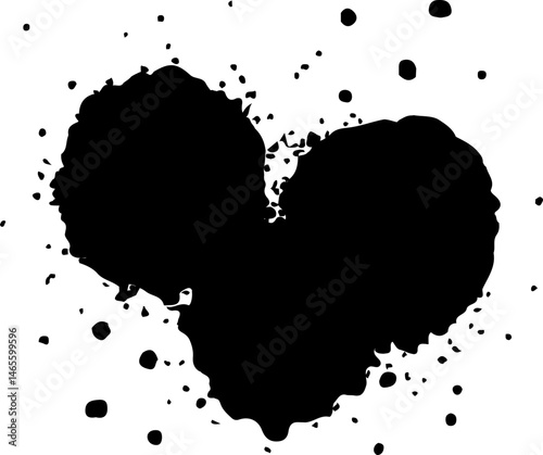 Ink heart shape formed by dotted splatters with uneven ink dispersion and dark central spots.