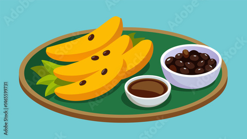 A platter of creamy fried plantains known as maduros served with a side of velvety black beans.. Vector illustration