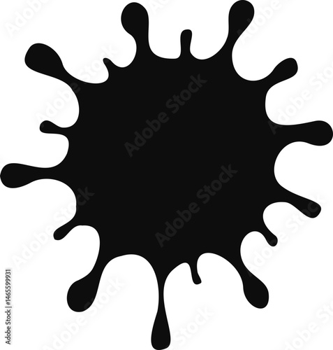 Large ink explosion radiating in all directions with high contrast splashes and central impact.