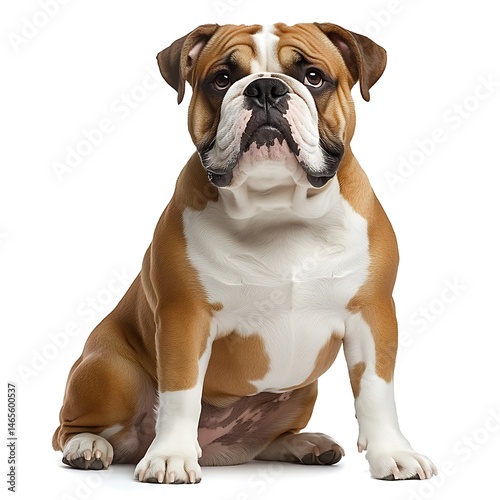 Full view of a seated bulldog against a white background.