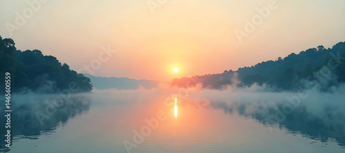 Fototapeta Naklejka Na Ścianę i Meble -  on a serene and minimalist sunrise background overlooking a serene landscape with gentle morning mist, a few strategically placed negative space clouds will aid visual balance. The background will als