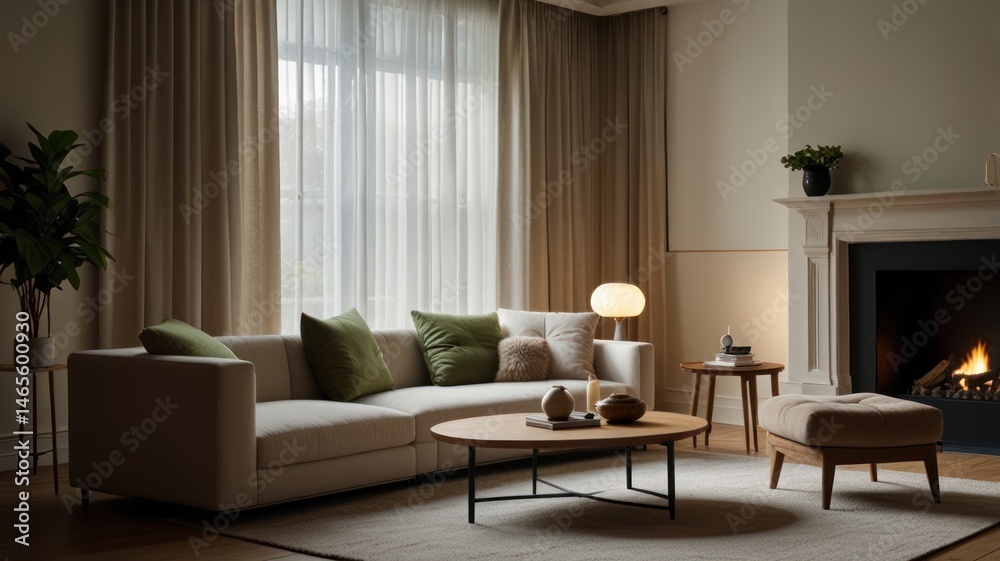 Cozy living room with fireplace and large window Cozy living room with fireplace and large window