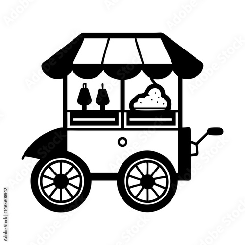 Black and white food cart with awning and wheels vector graphic