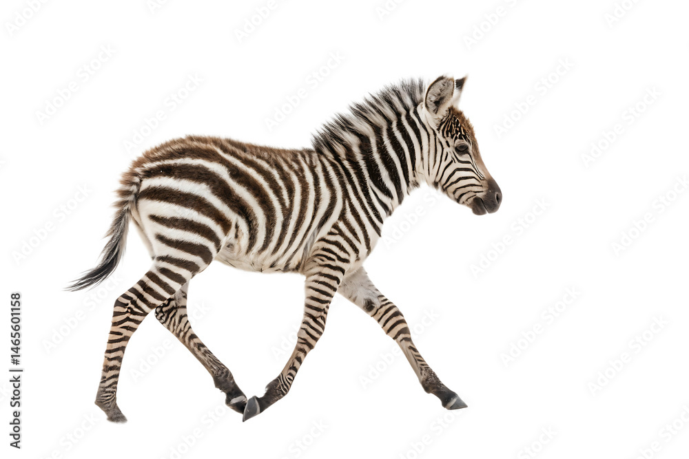 Fototapeta premium Zebra with black stripes isolated on white background, profile view. Safari hoofed and striped mammal, side view. African black and white equine, vector design Ai Generated
